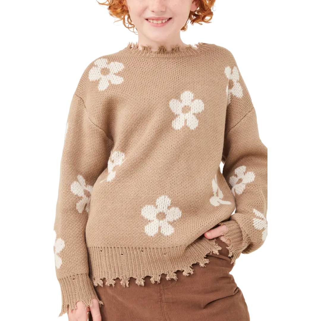 Taupe Distressed Floral Patterned Pullover Sweater Hayden Girls