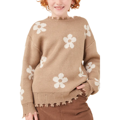 Taupe Distressed Floral Patterned Pullover Sweater Hayden Girls