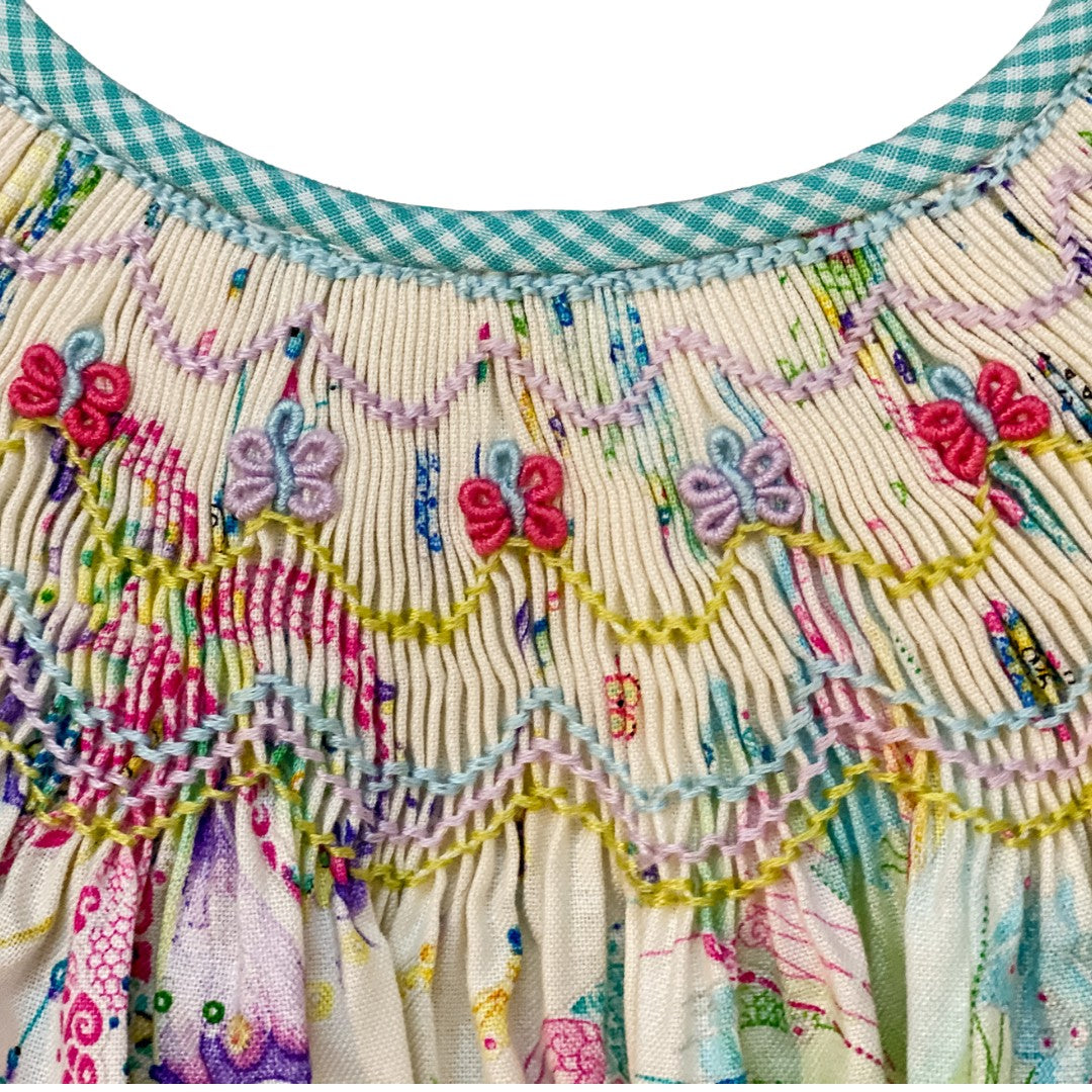 Butterfly Print Bishop Smocked Bubble Le' Za Me