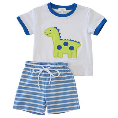Dinosaur Appliqué Set with Blue Striped Shorts Ella Claire & Co.