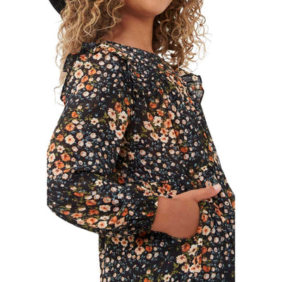 Floral Print Ruffle Shoulder Long Sleeve Dress Hayden Girls