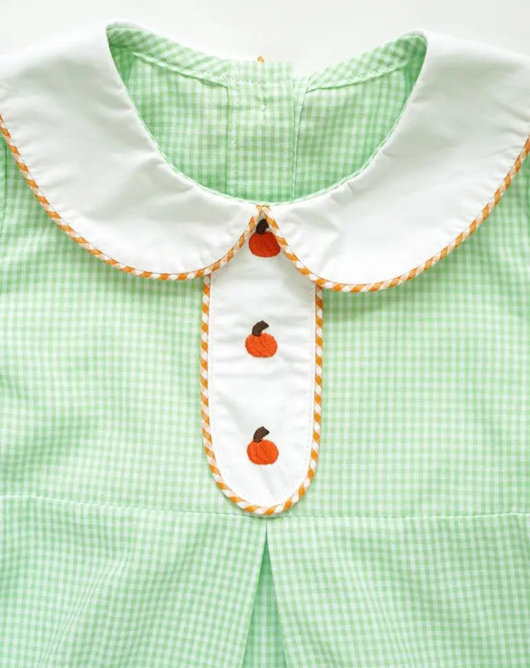 Green & White Gingham Bubble with Pumpkin Embroidery Ella Claire & Co.