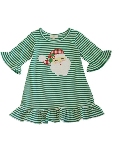 Green & White Striped Santa Appliqué Ruffle Dress Ella Claire & Co.