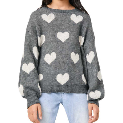 Knitted Heart Pullover Sweater in Charcoal Hayden Girls