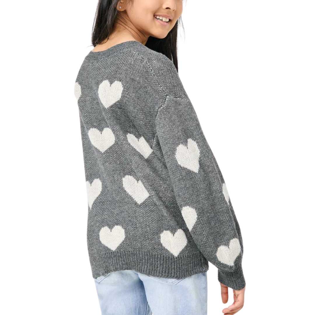 Knitted Heart Pullover Sweater in Charcoal Hayden Girls