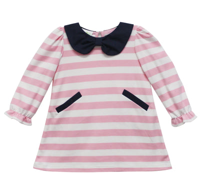 Pink Striped Bow Collar Knit Pocket Dress Zuccini Kids