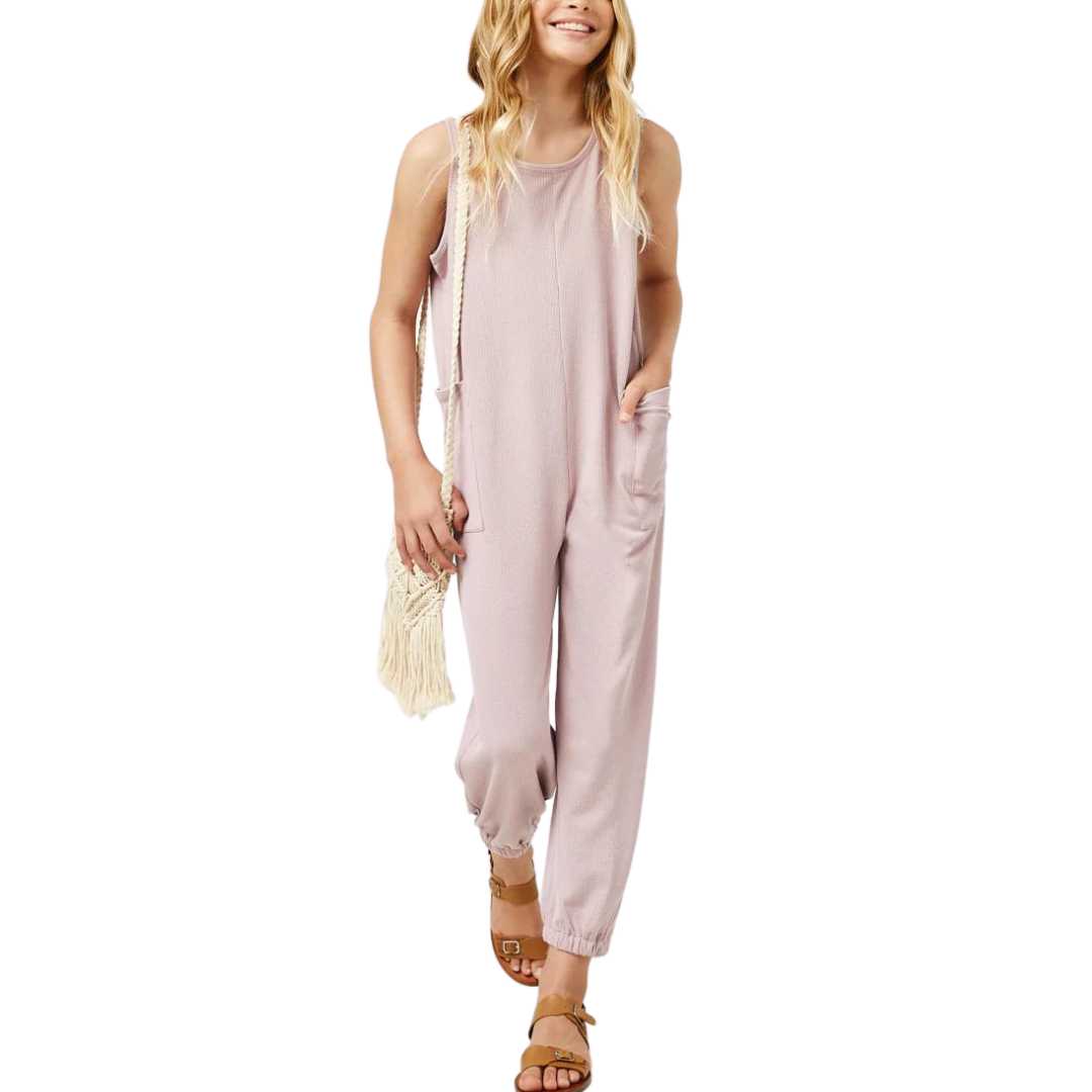 Ribbed Knit Pocketed Jumpsuit in Mauve Hayden Girls