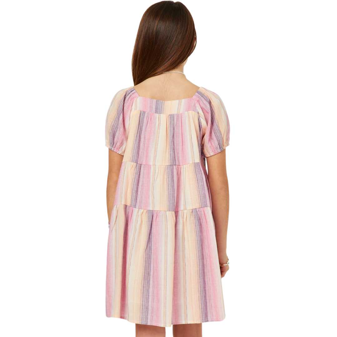 Textured Vertical Stripe Puff Sleeve Tiered Dress Hayden Girls