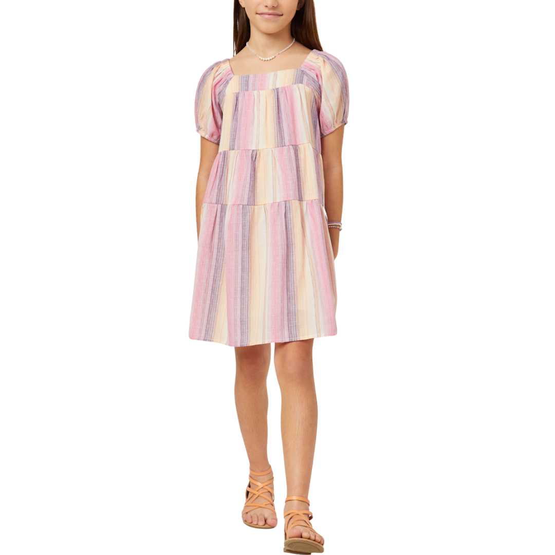 Textured Vertical Stripe Puff Sleeve Tiered Dress Hayden Girls