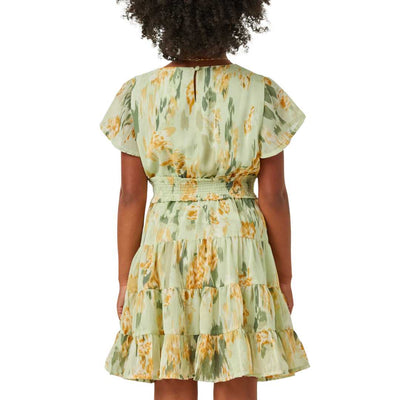 Watercolor Print Smocked Waist Flutter Sleeve Tiered Dress Hayden Girls