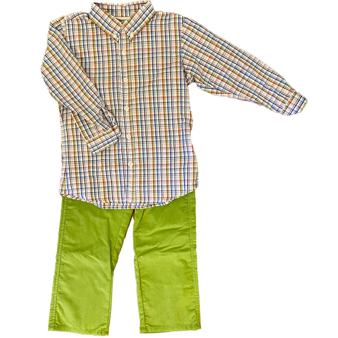 Woven Plaid Button-up Shirt & Sage Green Corduroy Pants Set Zuccini Kids